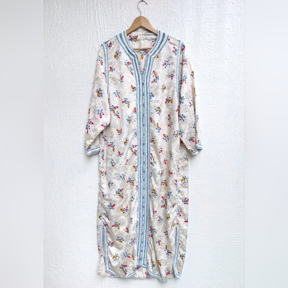 Vintage Handmade Floral Satin Kaftan Maxi Dress Cover-up Made In Morocco